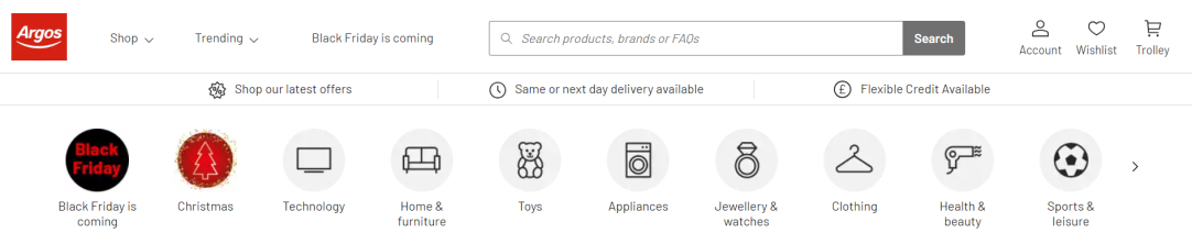 دامنه محصولات عرضه شده توسط Argos هدر وبسایت Argos به همراه دسته بندی محصولات عرضه شده